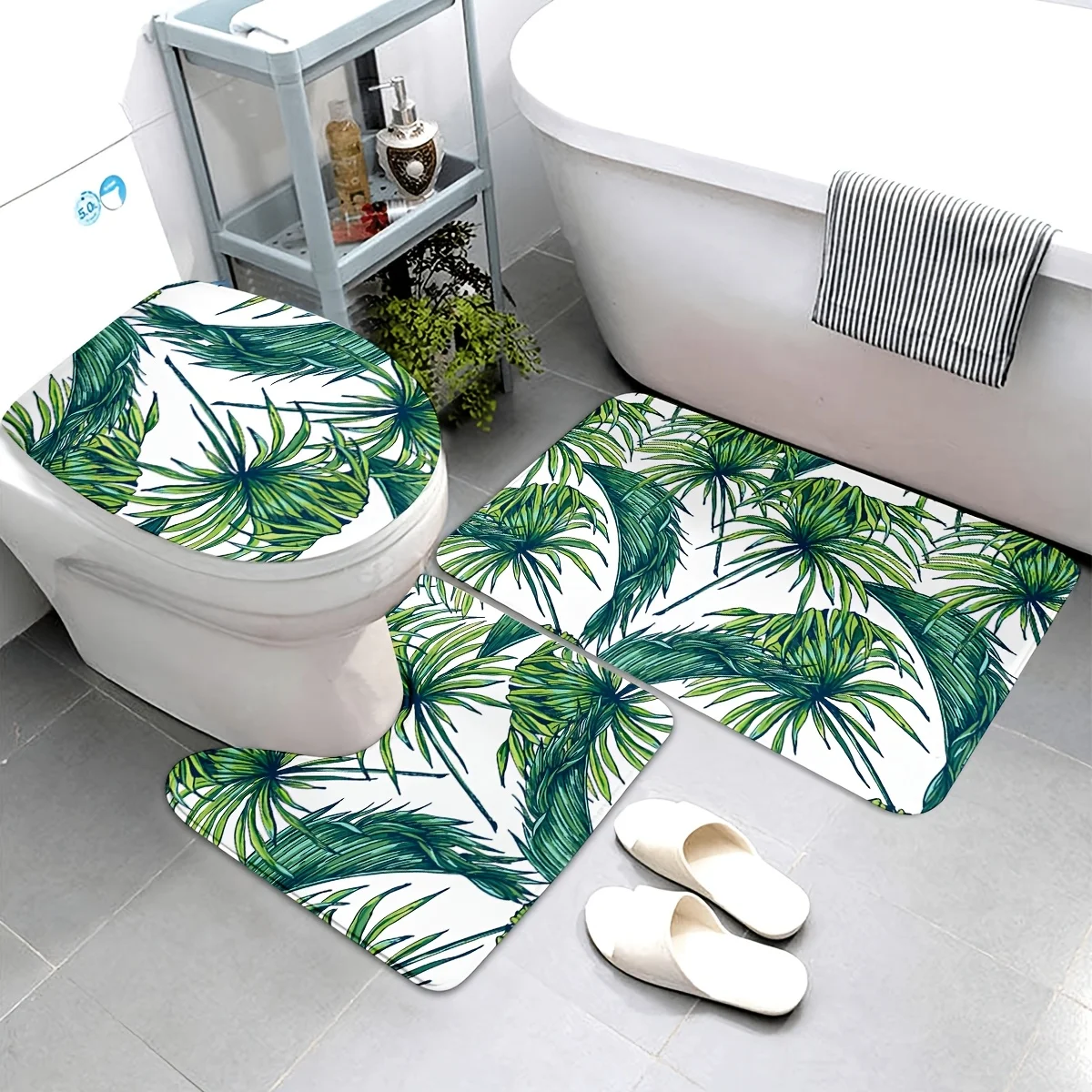 

Комплект из 3 ковриков для ванной с тропическими растениями, полиэфирная ткань, можно стирать в машине, включает чехол на сиденье унитаза и напольный коврик, U-образный коврик.