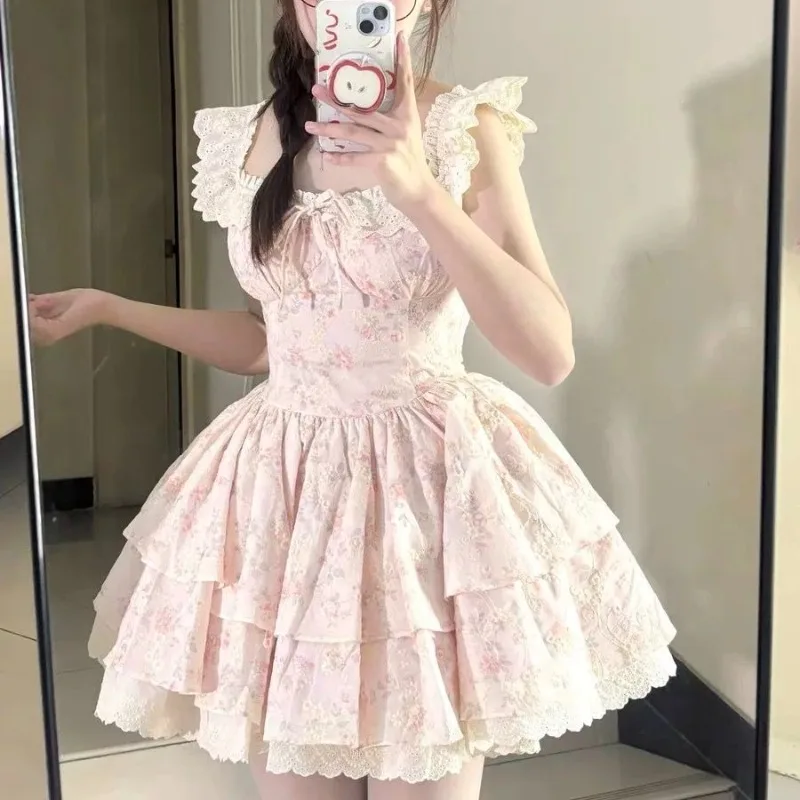 2025 nuevo verano dulce estampado Floral estilo francés manga acampanada cintura ceñida vestido delgado Lolita princesa vestido de baile mujeres Mini vestido