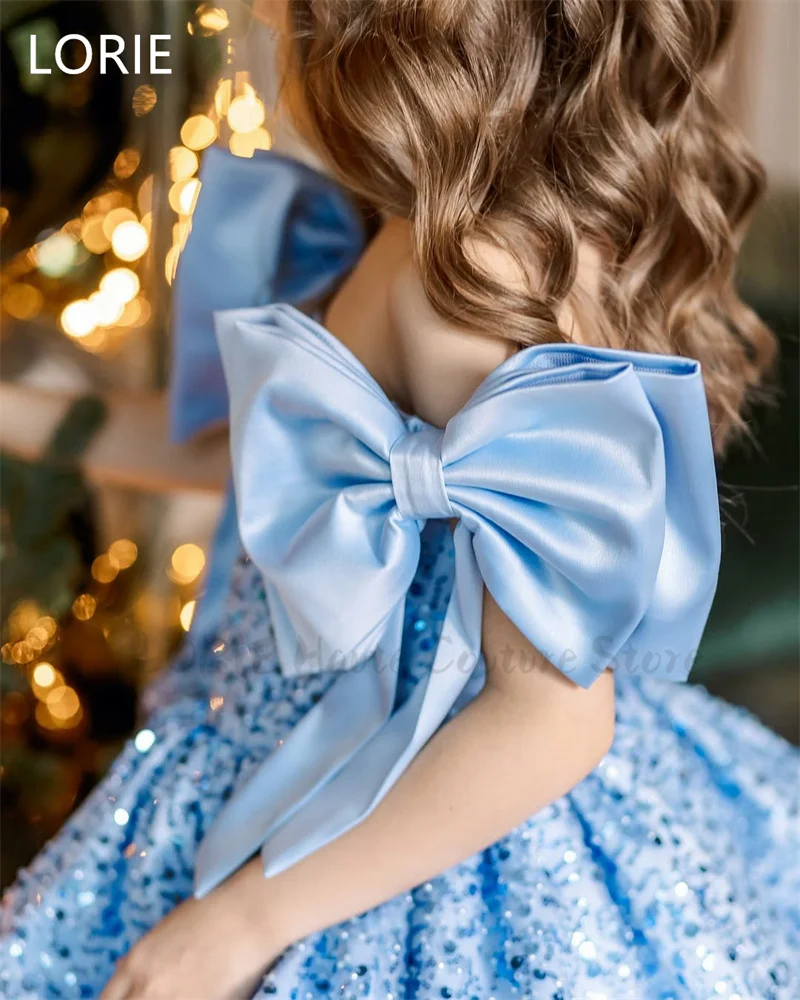 LORIE Cute A-line Glittle Shiny Sky Blue Short Girl Dress Shoulder Bow Baby Girl Dresses Birthday Present Customized 2025 Gift