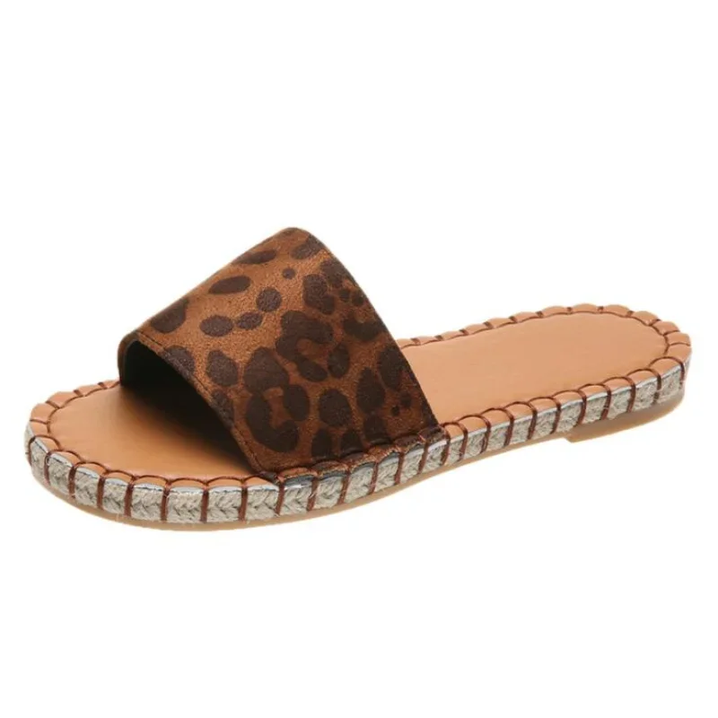 Women Sandals 2022 Summer New Women\'s Shoes Outer Wear Hemp Rope Leopard Print Flat Slippers Women Plus Size 43 Zapatillas Muje