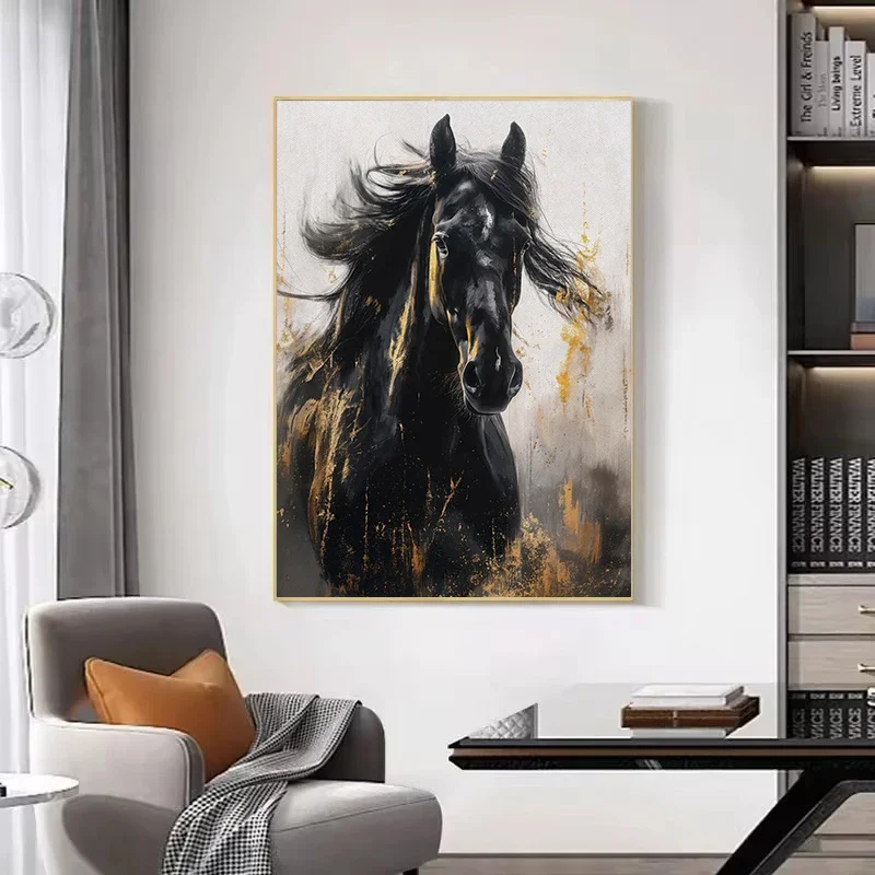 (No frame)Large Size Luxury Wild Black Horse Equestrian Western Animal  Aesthetic Poster Canvas Painting Wall Art Pictures Ho