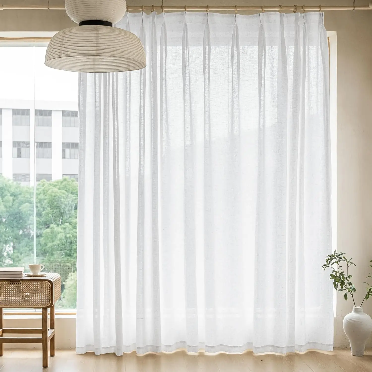 

White Extra Wide Pinch Pleated Curtains, 100" W x 96" L, Semi-Sheer Faux Linen for Light Filtering and Privacy