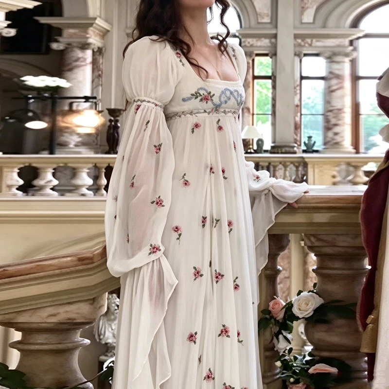 Elegant Square Neck High Waist Outdoor Party Dress Retro Embroidered Print Flared Sleeve Dress 2026 Summer Chic Pleated Dresses