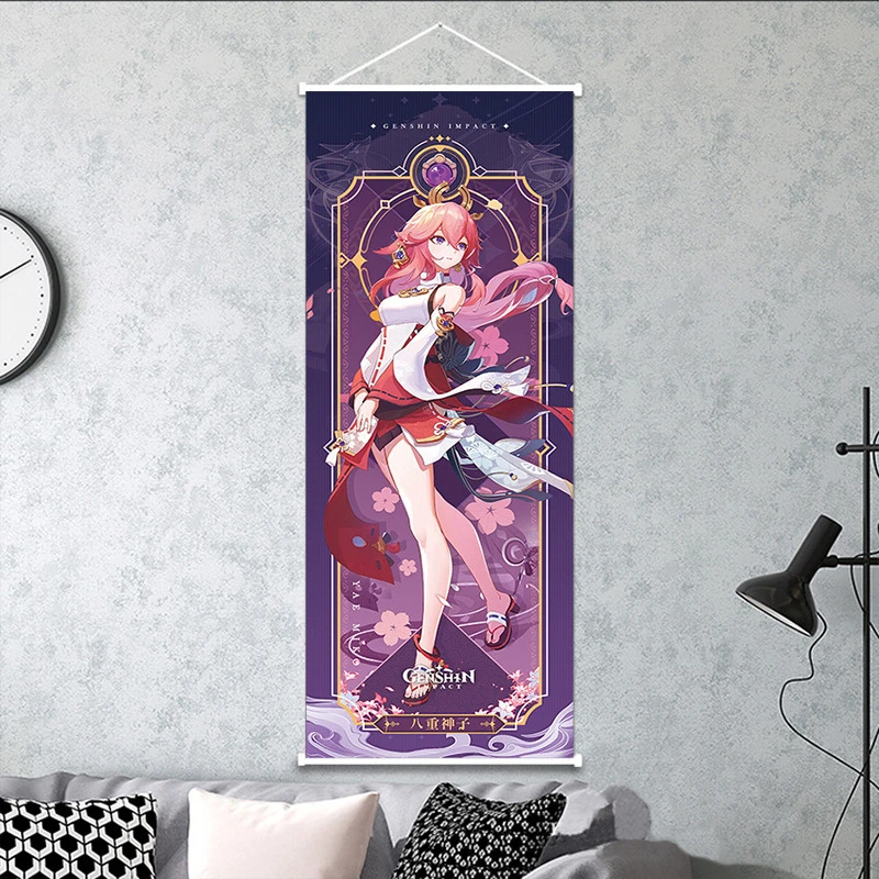 VIKAMA Pink Miko Shrine Girl Purple Wall Scroll, 6 Designs, Wall Decor for Bedroom Living Room Dorm