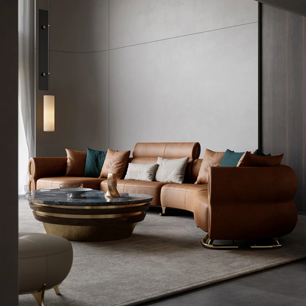 Light Luxury Full Leather Sofa Villa Large Flat Floor Living Room Home Luxury Italian Curved Sofa Combination