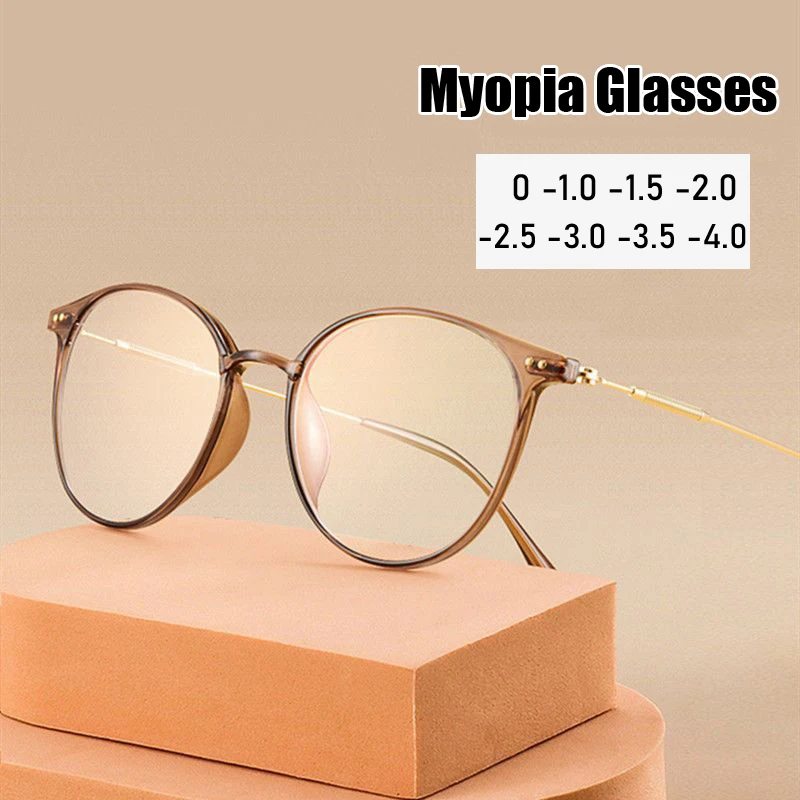 Round Myopia Glasses Ladies Blue Light Blocking Minus Eyeglasses Women Men Prescription Near Sight Glasses Diopter 0 To -4.0