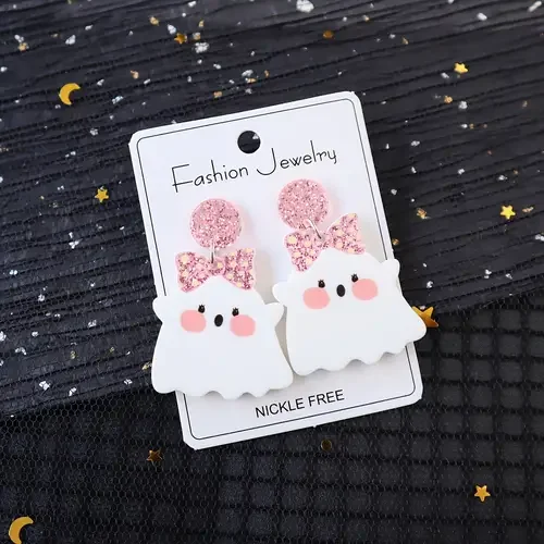 Charming Pink Bow Ghost Acrylic Earrings For Women Cute And Fun Halloween Party Accessory Perfect Gift Halloween Jewelry