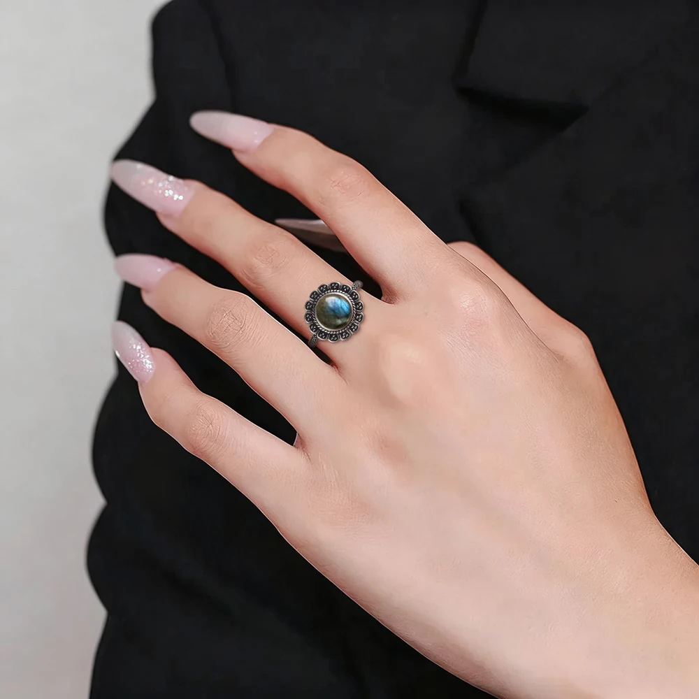 ヴィンテージ S925 スターリングシルバー フラワーリング 8MM ラブラドライト 天然石リング 大きなひまわり型 ファインジュエリー 女性用