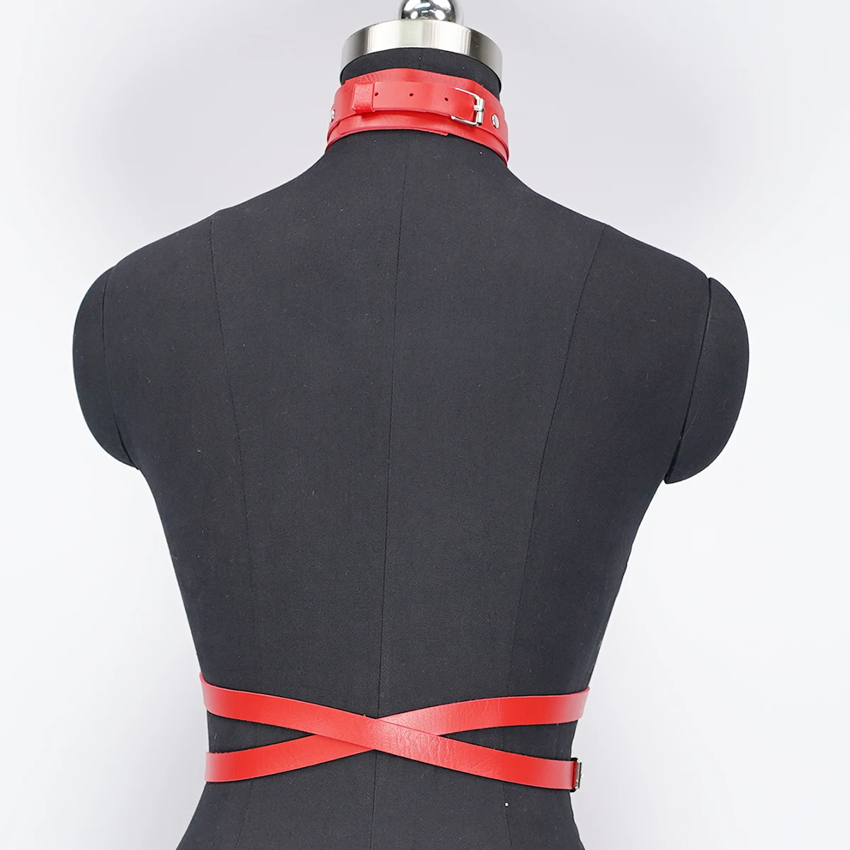 Red Leather Choker Necklace & Body Harness Set - Adjustable Straps, Punk Gothic Style, Waist Belt Jewelry Accessory for Women