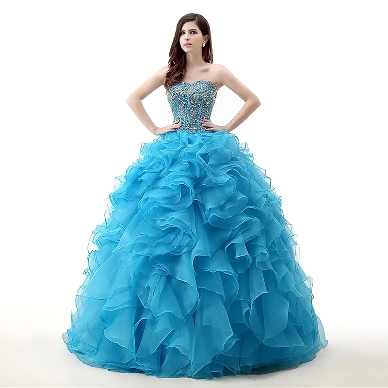 فساتين Quinceanera باللون الأزرق السماوي ثوب حفلة على شكل قلب من الأورجانزا ترتر مطرز بالخرز المكسيكي الحلو 16 فساتين 15 Anos