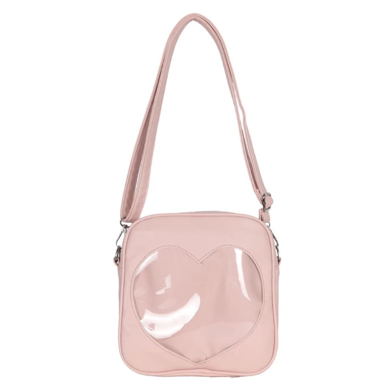 E74B PU Square Messenger Bags Casual Clear Heart Shaped Shoulder Bag Women School Bags PU Leather Purse Ita Bag