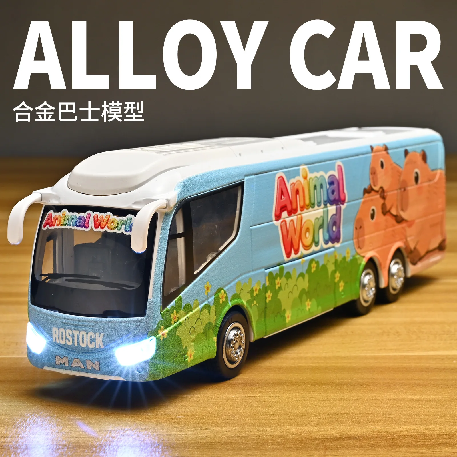 Ônibus de Brinquedo em Miniatura de Metal Fundido com Desenho de Animal em Escala 1:55, com Som e Luz, Formato Adorável, Requintado, Ideal como Prêmio para Jardim de Infância