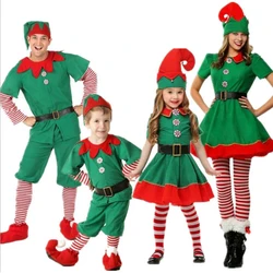 Christmas Santa Claus Costume Green Elf Cosplay Family Carnival Party New Year Fancy Dress Clothes Set For Girls Boys