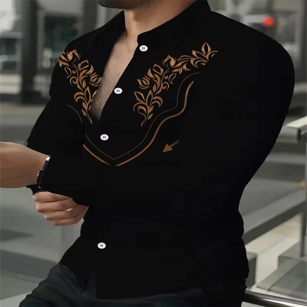 Striped men's business casual 3D printed shirt street daily wear spring and summer lapel long-sleeved 5XL stretch fabric shirt