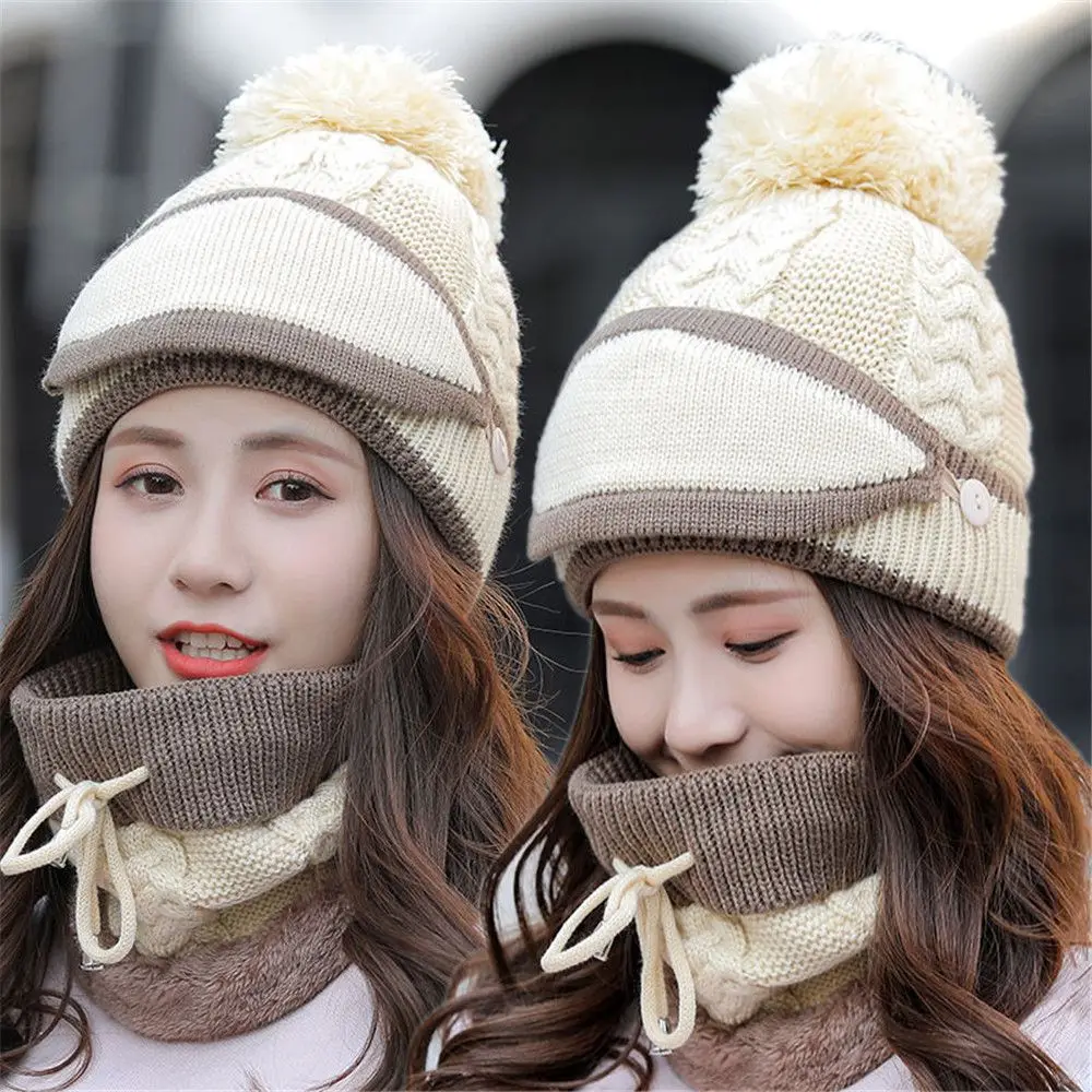 3Pcs Women Beanie Hat Pom Bobble Scarf Mask Set Knitted Winter Neck Warmer Warm Snow Ski Cap Fleece Scarf Outdoor Sports