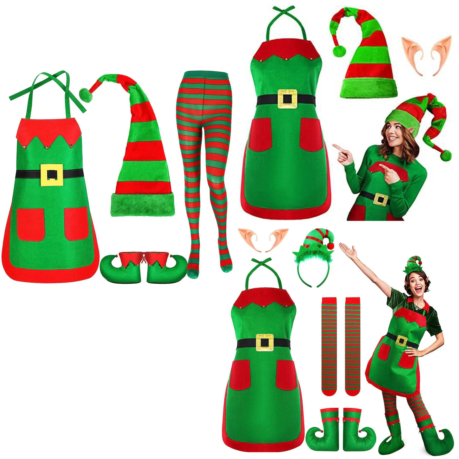 Christmas Elf Santa Claus Costume Womens Dress Xmas Party Cosplay Costume Elf Ears+Hat+Shoes Covers+Apron+Striped Stockings Sets