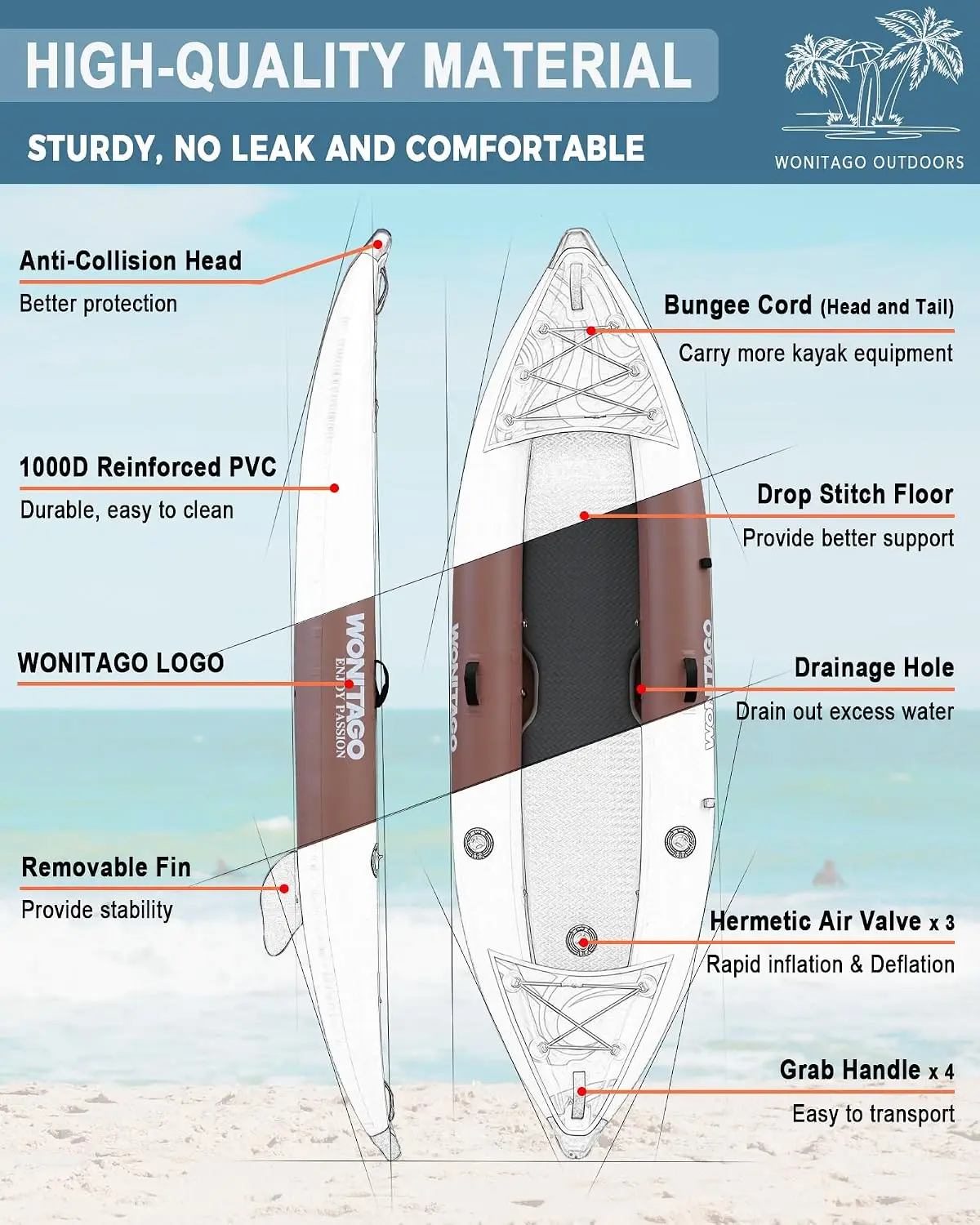 Inflatable Kayak with Reinforced PVC and Drop Stitch Floor | Portable Touring Kayak with Kayak Paddle, Soft Seat, Hand Pump and