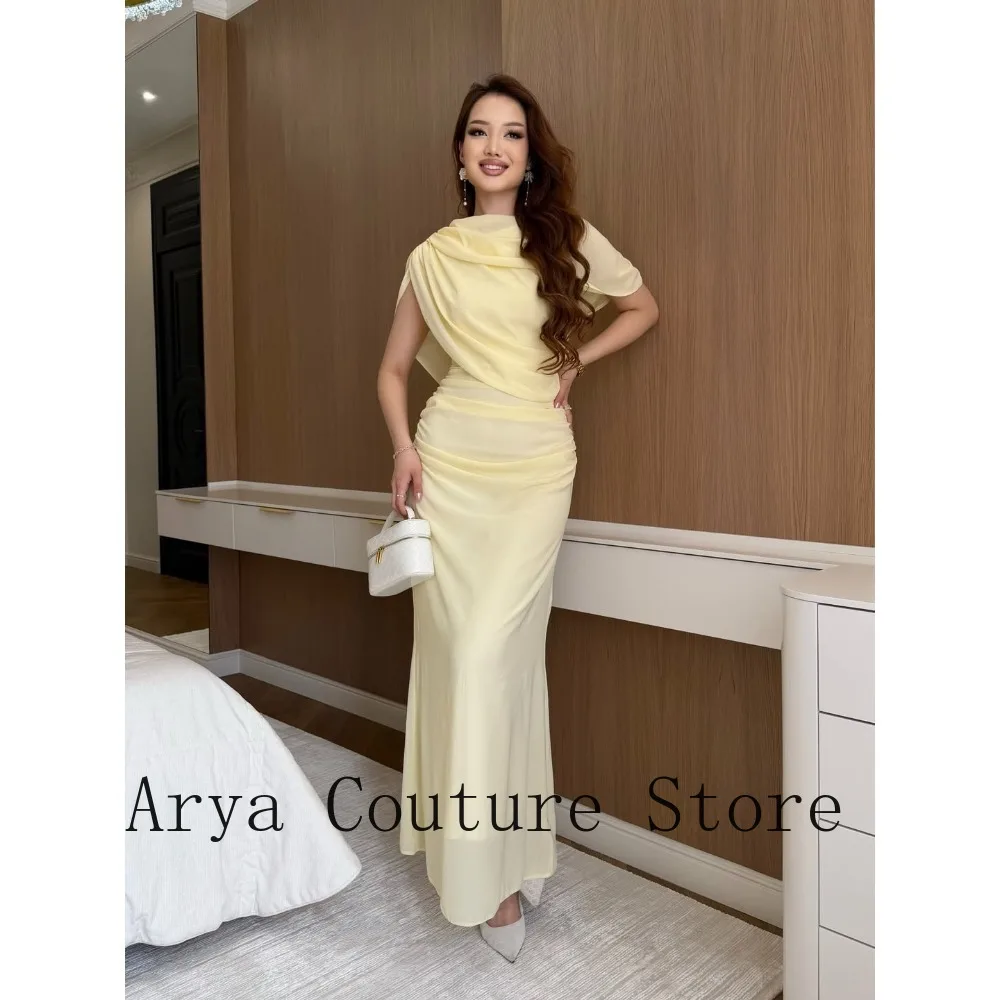 

Buttercream Yellow Draped Cowl Neck Cape Sleeve Waist Ruched Bodycon Mermaid Chiffon Maxi Floor Length Casual Evening