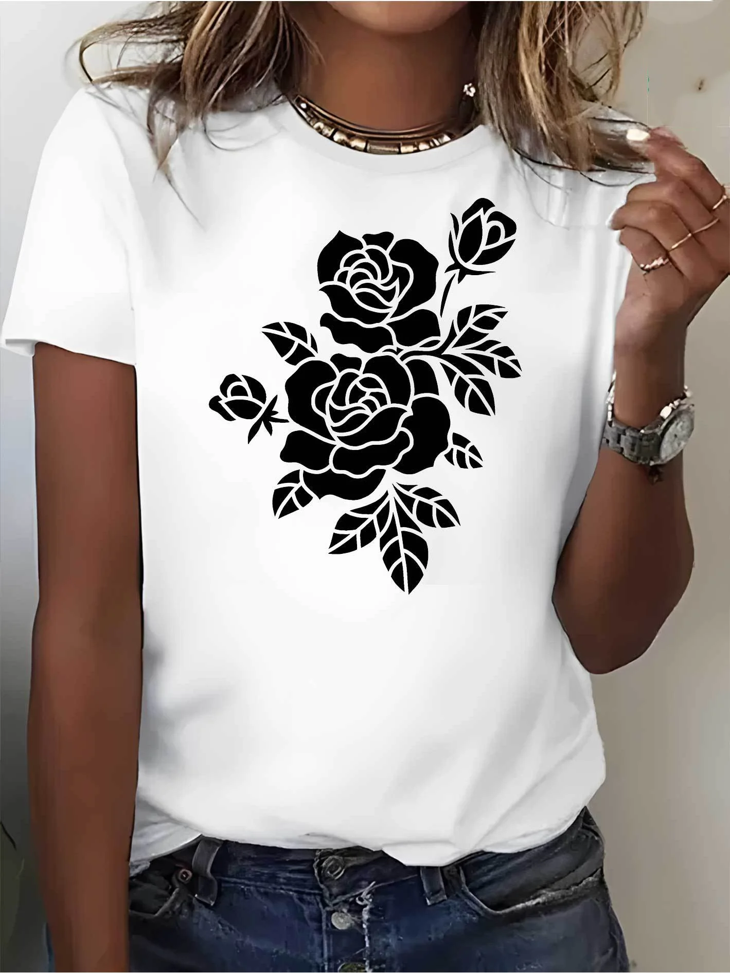 Women's Comfortable Summer Tee Short Sleeve Round Neck 2000s Y2k Clothes Roses Graphic Print Casual Top Free Clothing Clearance