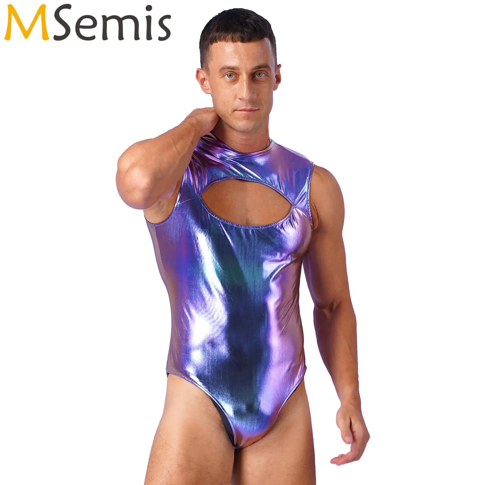 Mens Swimsuit Metallic Front Cutout Bodysuit One Piece Swimming Costume Invisible Zipper Back Leotard Pool Party Swimwear