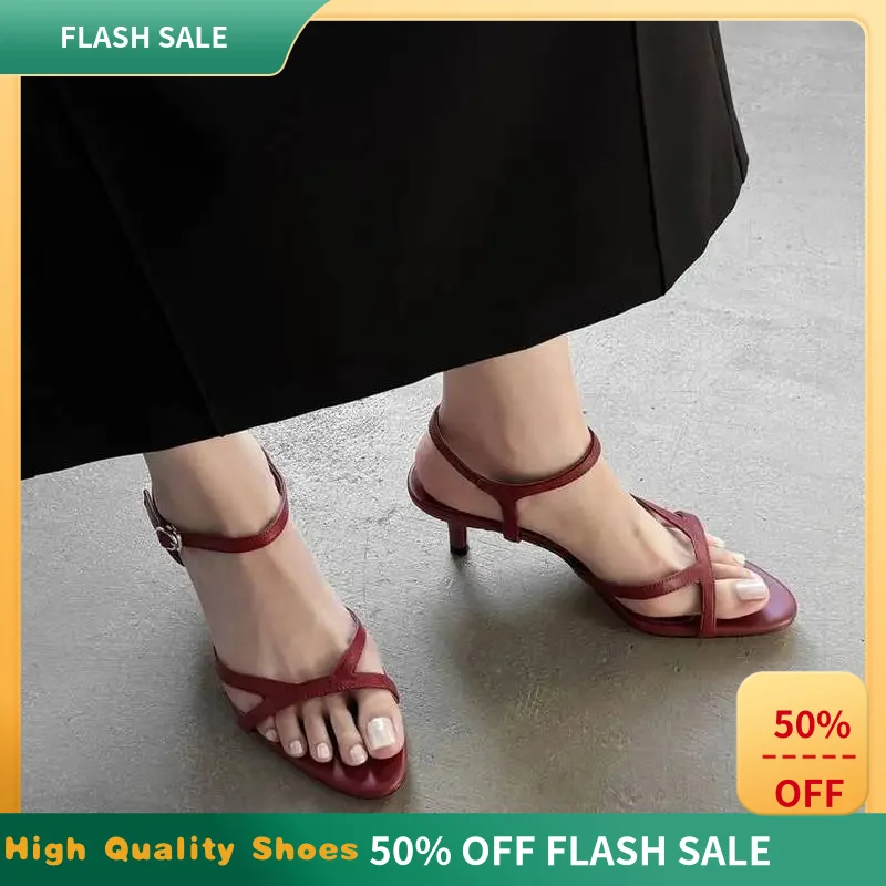 Women Genuine Leather Thong Sandals Ankle Strap Thin High Heel Rubber Sole Pig Lining Summer Party Shoes Red Black F160