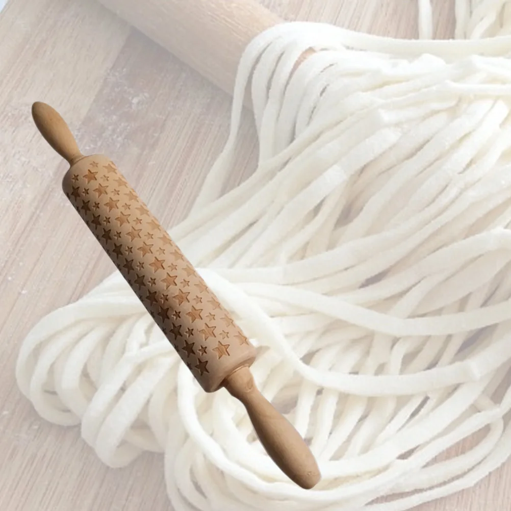 

Wooden Rolling Pin Five-Pointed Star Pattern Embossing Baking Tool For Home Kitchen Pastry Pizza Dough Non-Slip Handle