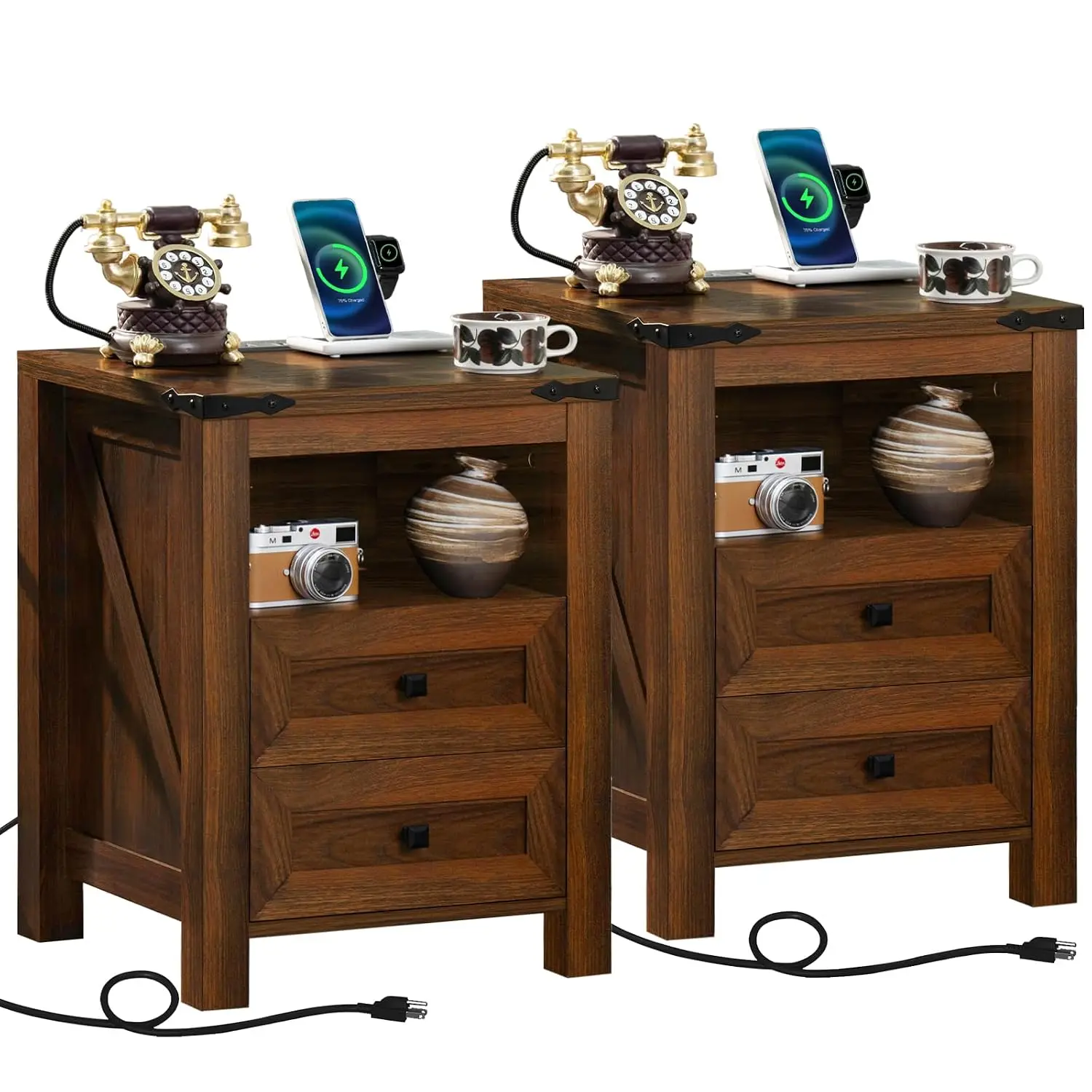 Nightstands Set of 2 with Charging Station and 2 Drawers, Farmhouse, Customized