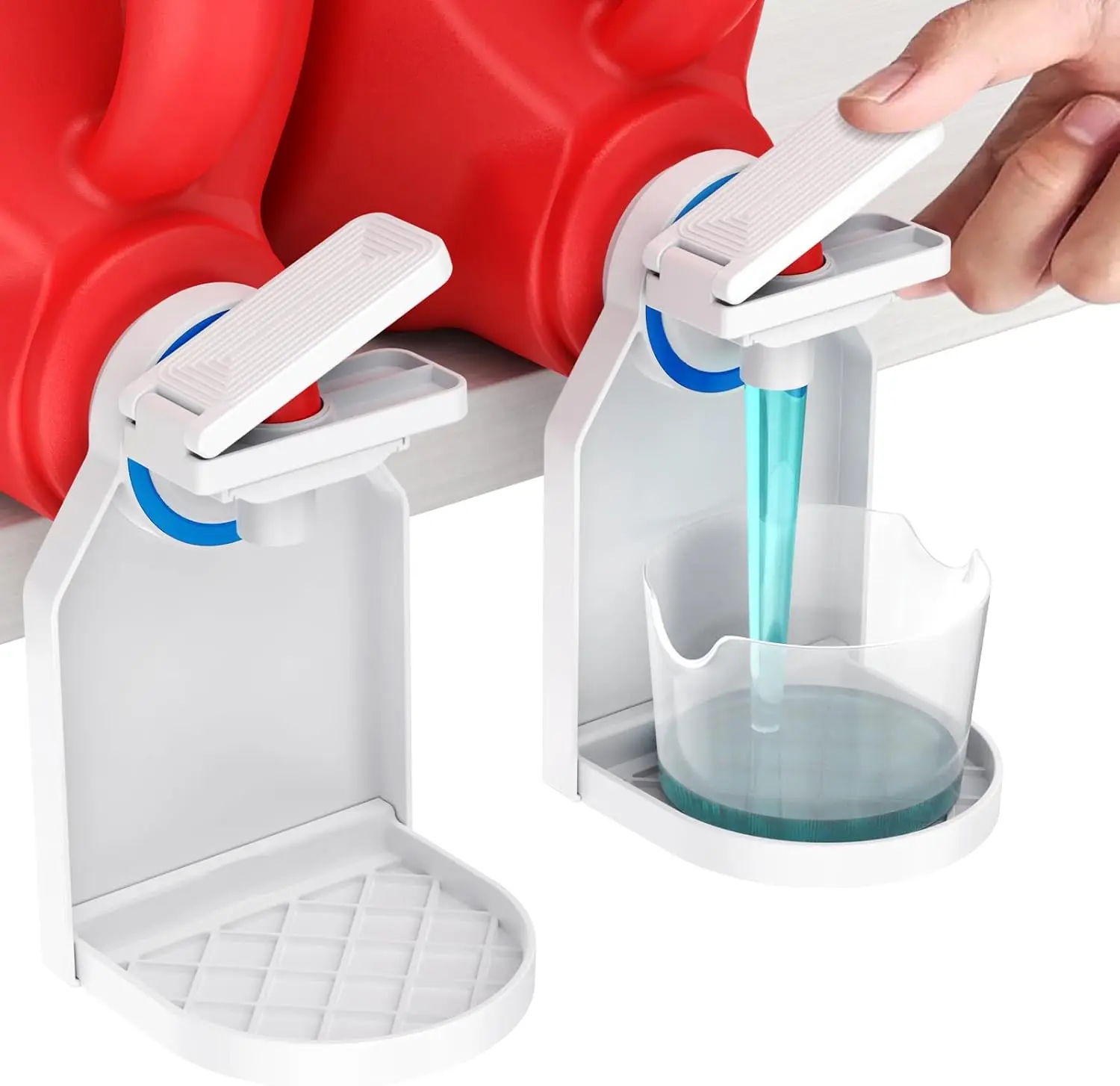 A set of laundry detergent dispenser cup holder, upgraded nozzle button and organization of the laundry cup holder and drip tray