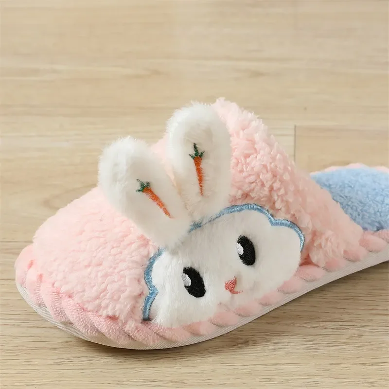 Cute Furry Cotton Slippers Women Winter Cartoon Rabbit Fur Slippers Indoor Warm Soft Bottom Anti-slip Plush Slippers