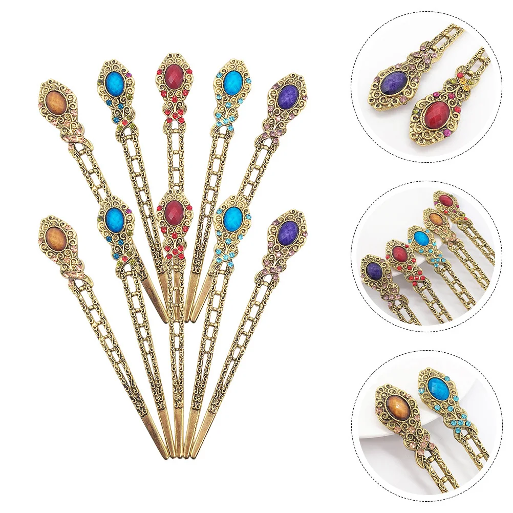 10pcs Vintage Sticks Retro Rhinestone Chignon Pins For Women Hair Bun Styling Chinese Accessories Metal Hair Chopsticks