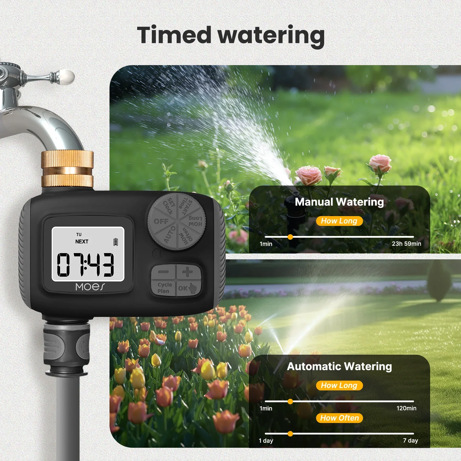 Moes Water Timer 1-Outlet Ip55 Waterdicht Messing Inlaat Draaiknop Knop Met Lcd-Scherm Regen Vertraging Kind Lock