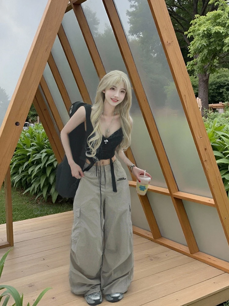 

Женские летние брюки-карго цвета хаки 2025 года: новые, в стиле ретро, повседневные, универсальные, прямые, широкие штанины