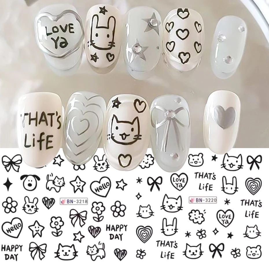 12pcs Cartoon Cute Cat Stickers For Nails Star Flower Bow Nail Water Decals Sliders Korean Japanese Nail Art Manicure Decoration