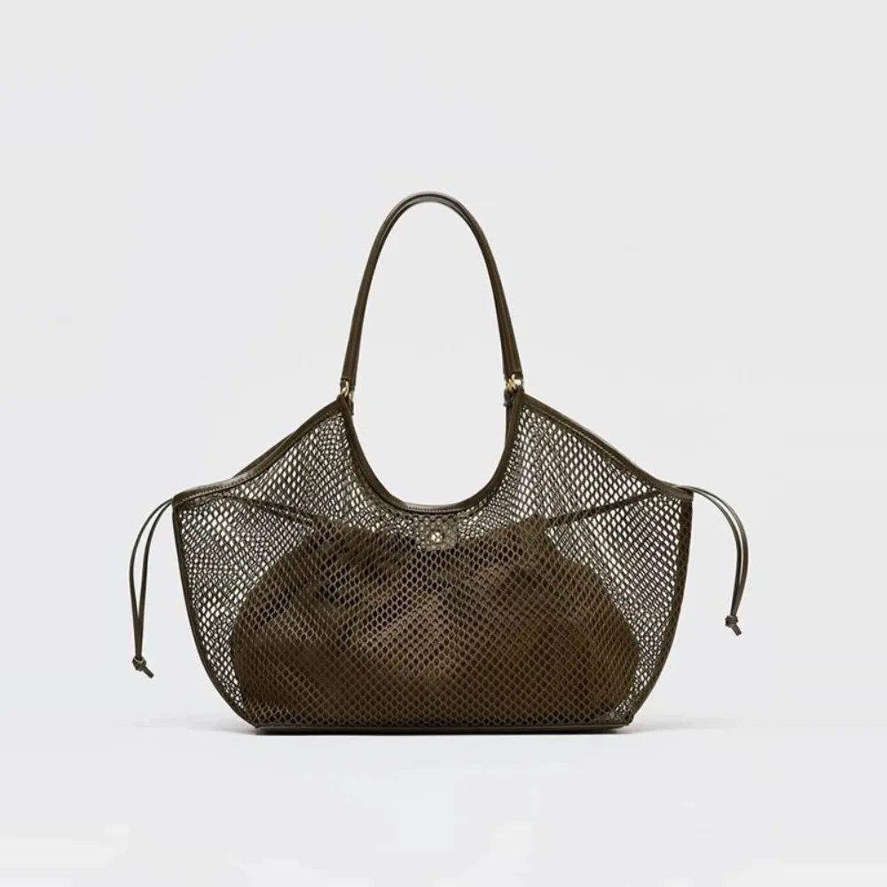 

Simple Casual Hollow Mesh Wing Tote Bag PU Leather Soft Large Capacity Net Handbag Underarm Bag Woven Beach Shoulder Bag Daily