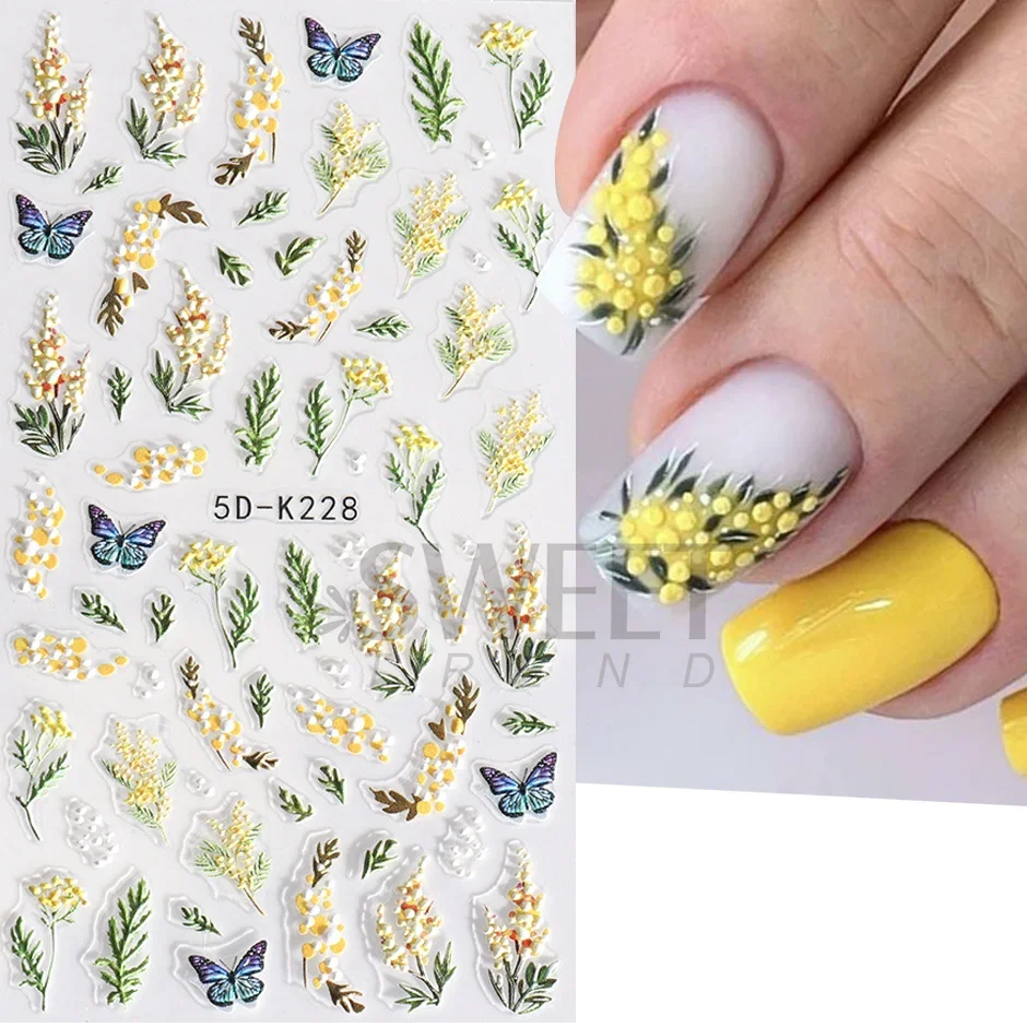 5D Embossed Violet Iris Flower Nail Sticker Purple Floral Sliders Sunflower Daisy Design For Nail Art Manicure Decoration SA5D-K