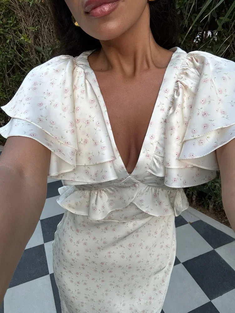 Babados floral impresso cetim maxi vestido feminino verão manga curta com decote em v sexy magro robes elegante festa de noite vestido longo 2025