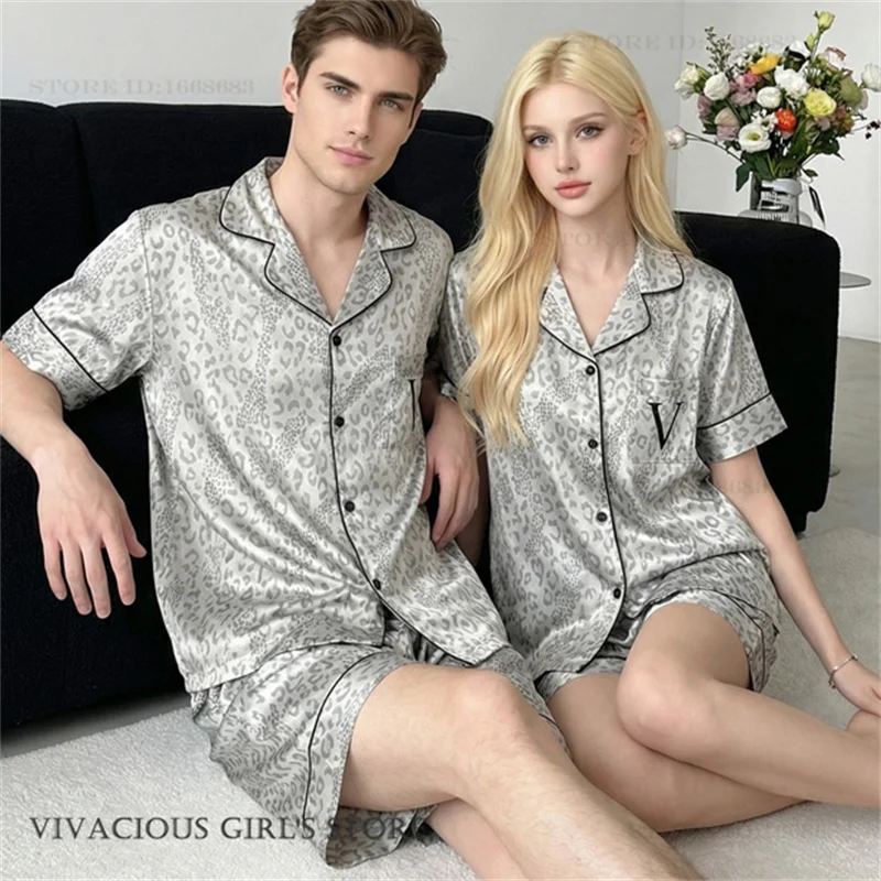 Summer New Couple Sleepwear Pajamas Set Gray Leopard Short Sleeve Shorts Pijamas Suit Home Clothes Loose Satin Homewear Pyjama