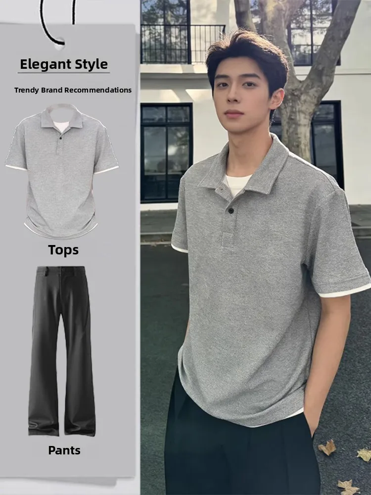 

Gray Short Sleeve Shirt And Straight Leg Pants Set for Men Summer Cool Handsome Korean Style Fashion Ensemble Half Shoulder