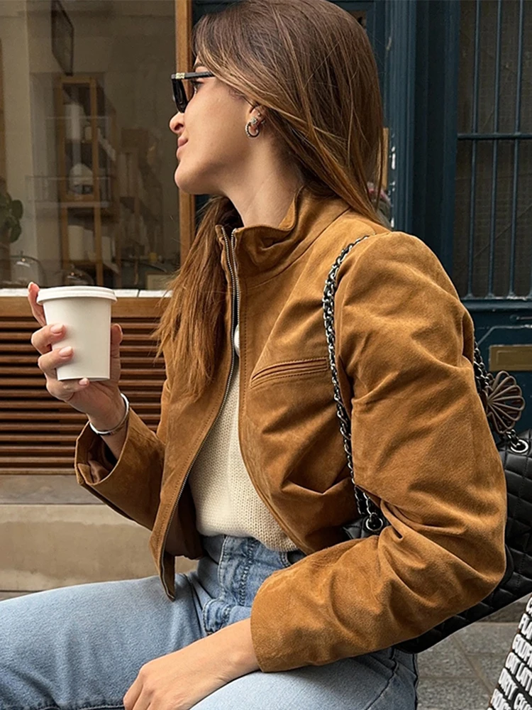 Suede Leather Short Jacket Coat Zipper Stand Collar Vintage Casual