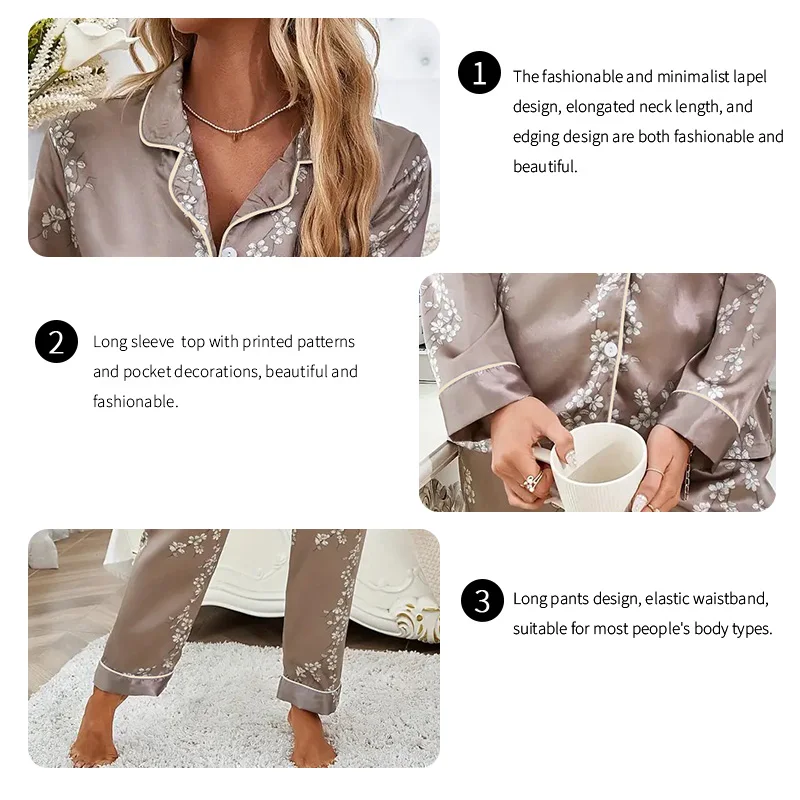 Women Satin Pajama Casual Sleepwear Home Clothes Suit Autumn Long Sleeve Button Up Top & Pants Nightwear Loungewear Pyjama Femme