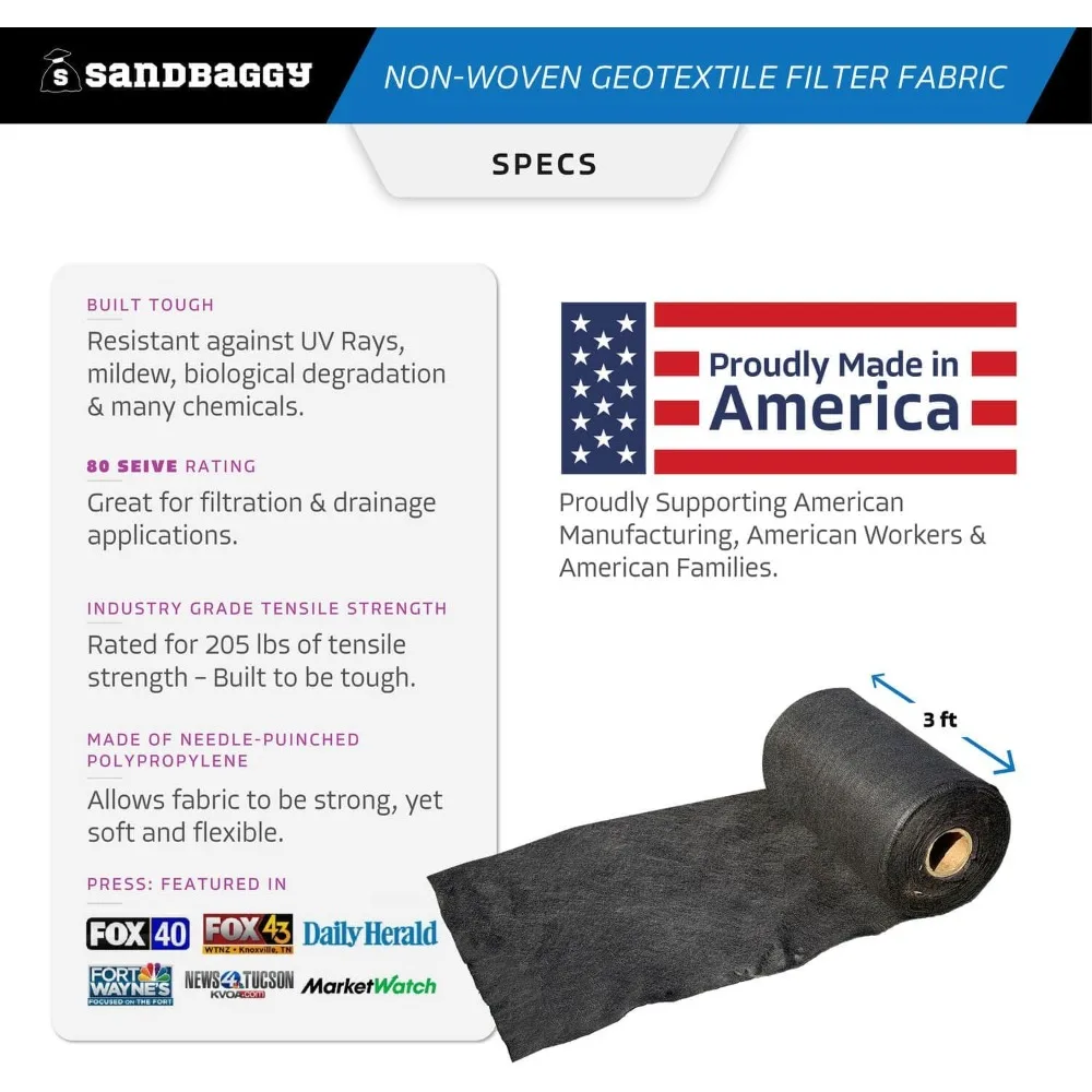 Non Woven 8 Oz Geotextile Landscape Fabric, 205 Lbs of Tensile Strength, UV Protected, (3 Ft X 100 Ft Roll), Weed Barrier