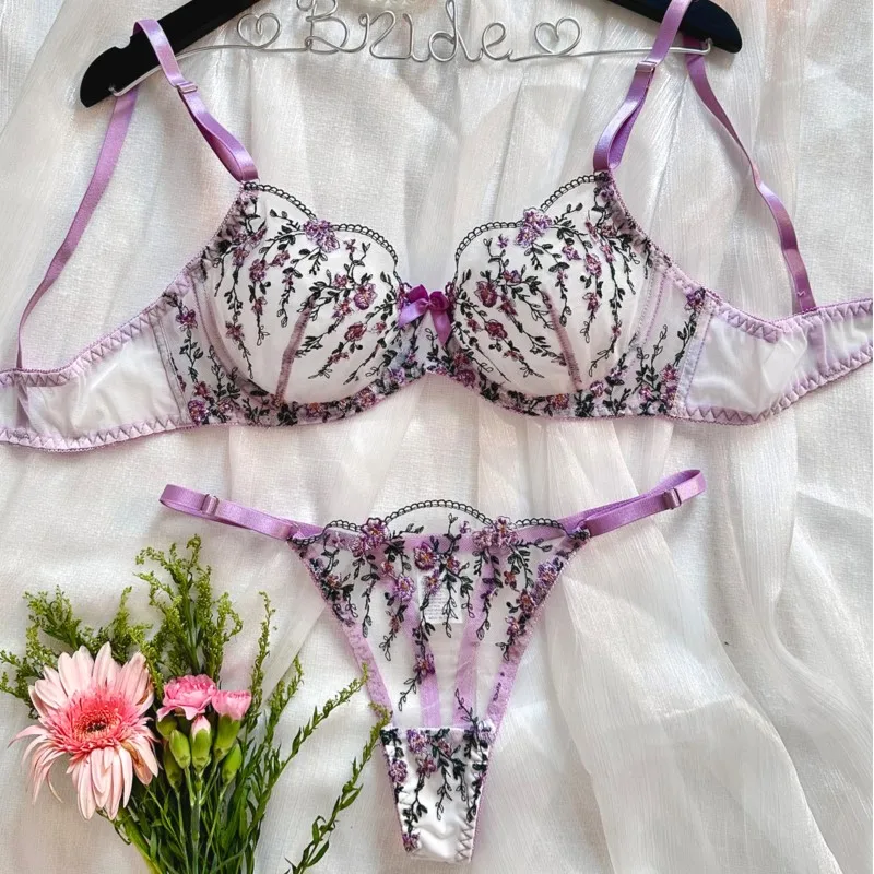 Exotic Fairy Lingerie PushUp Bra Embroidered Tulle Sheer Mesh 3Piece Transparent Intimate Wear for Women - Image 2