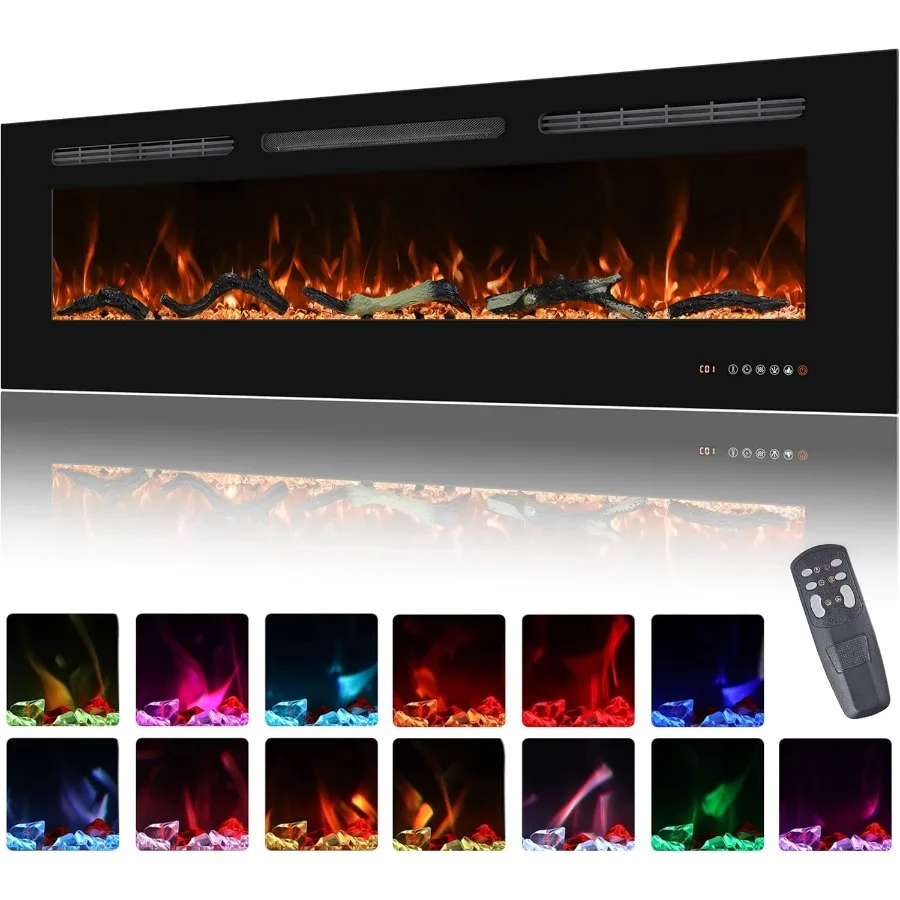 Inserção de lareira elétrica montada na parede de 50 polegadas de largura com efeitos de chama realistas de 13 x 13, temporizador e termostato de operação de baixo ruído