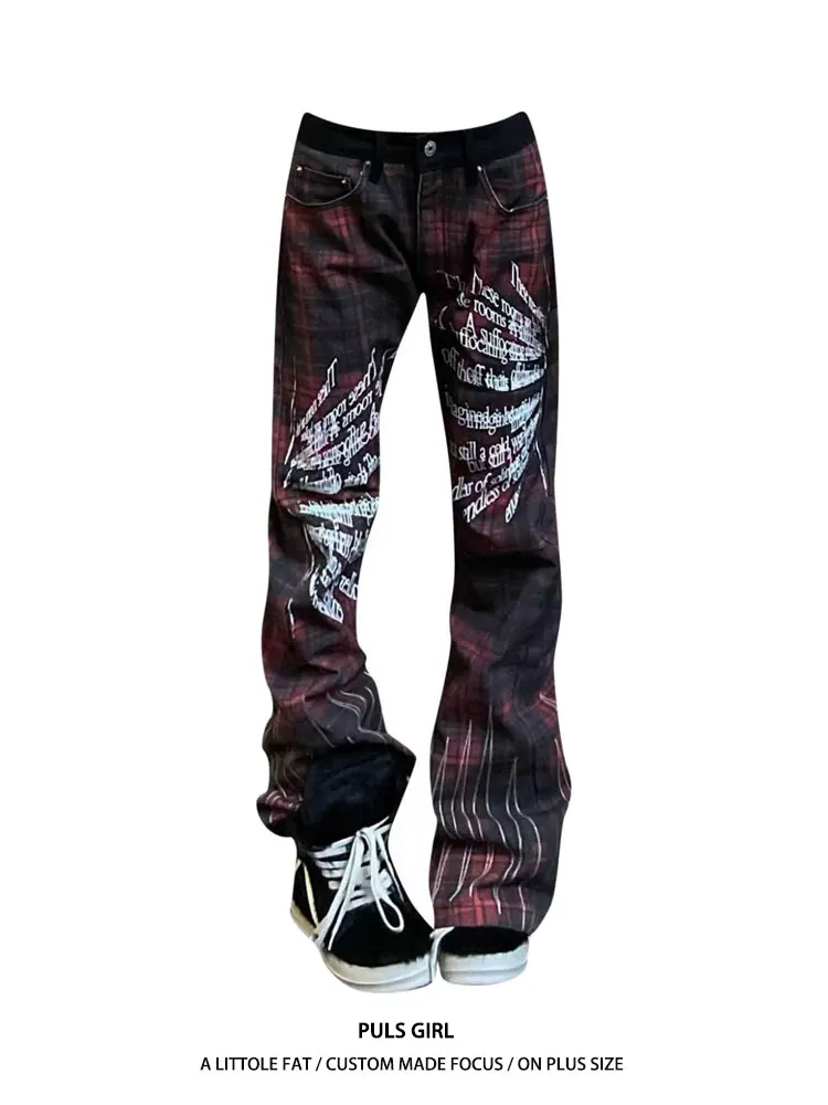 

plus Size American Retro Plaid Print Wide Leg Jeans Women's Loose Slimming Pants High Waist Casual High Quality Fabric