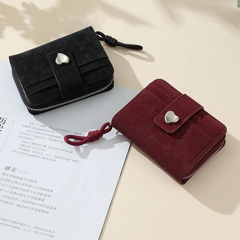 PU Leather Short Wallet Heart Buckle Multi-Functional Card Holder Folding Design Solid Color Zipper Clutch Wallet Portable