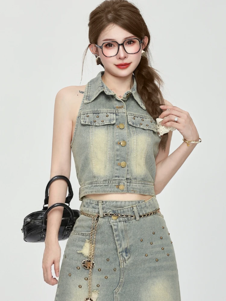 

Retro Short Jean Vest High Waisted Long Skirt with Slits Distressed Denim Suit for Women