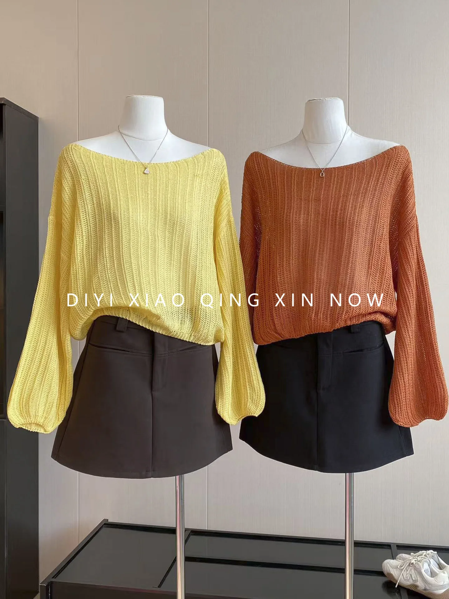 Retro Lazy Style Off-Shoulder Long Sleeve Knitted Sweater Women's Loose Slimming Shoulder Exposure Overhead Polyester Fiber