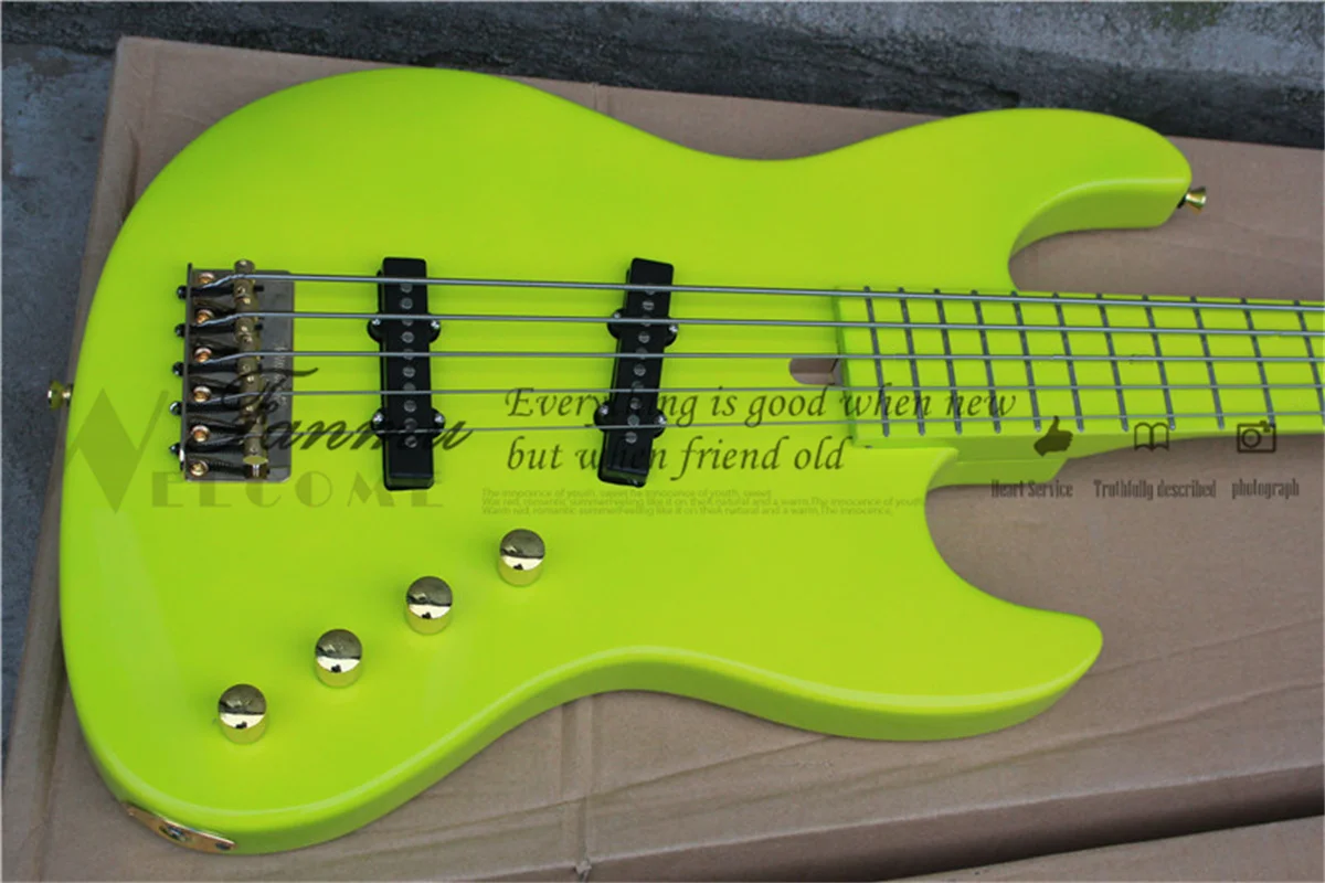 custom  5 string bass guitar,Bright green bass，gold bridge basswood body maple neck