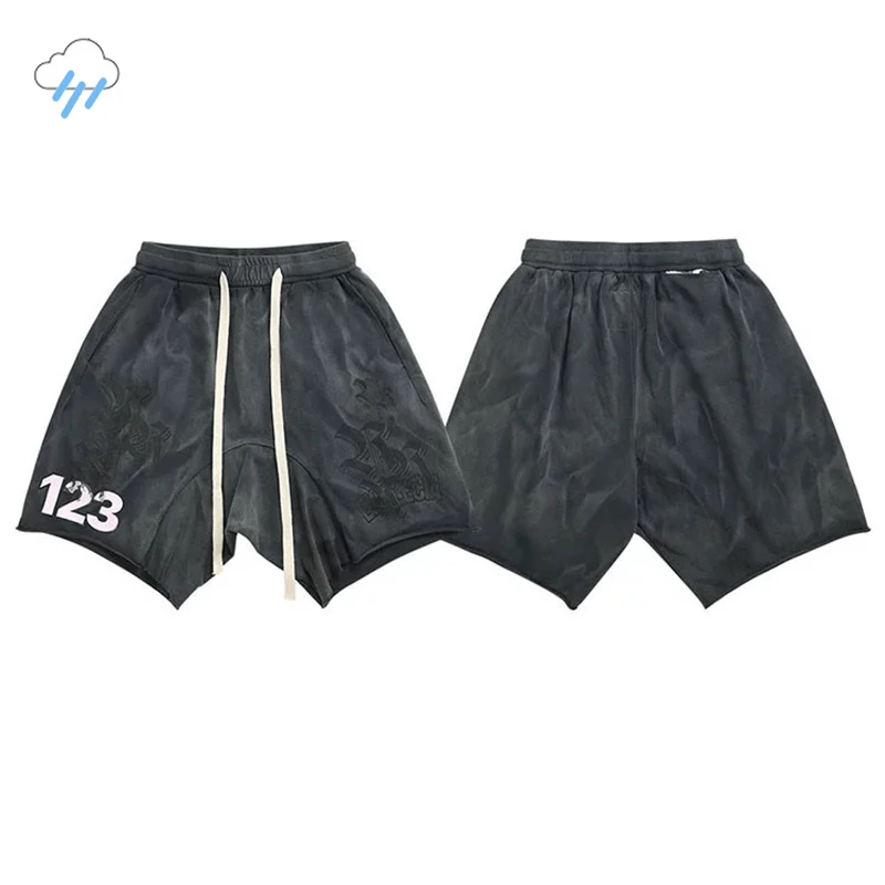 Summer Vintage Washed Black Sanskrit Print Classic Logo RRR123 Shorts Men Women Hip Hop Spliced Drawstring Breeches Inside Tag