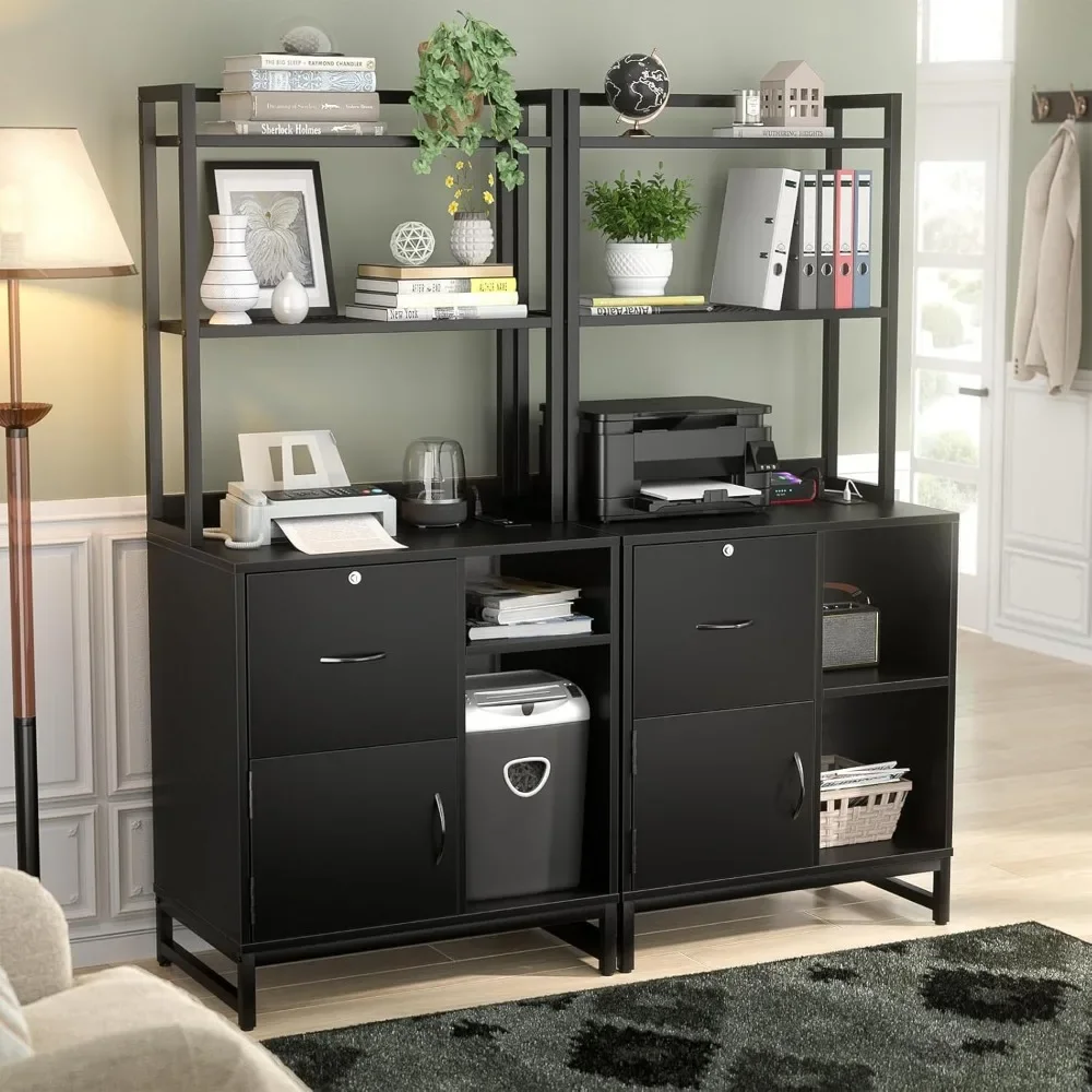 with Bookshelf, Printer Stand with Open St Vertical Filing Cabinet with Lock & Charging Station, Large Drawer Wood File Cabinet